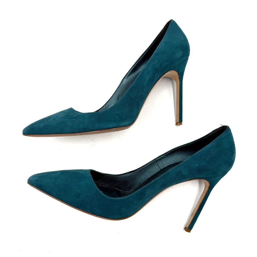 Manolo Blahnik BB Suede Pumps Teal Pointed Stiletto Heels Slip On Sz 39.5 / 9.5 - Picture 6 of 9